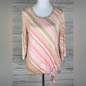 Ruby Rd. Women’s Multicolor Beaded 3/4 Bell Sleeve Stretch Striped Knit Top